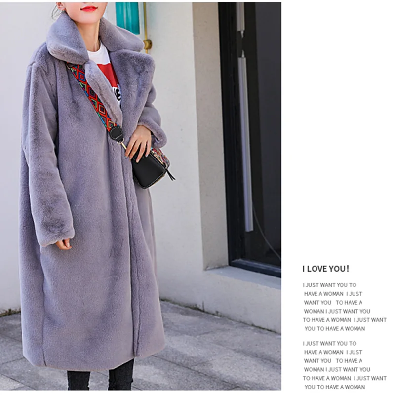 Высококачественное длинное пальто из искусственного кроличьего меха, Женское зимнее плотное теплое однотонное пальто с отворотом, Женское пальто, модная новая верхняя одежда