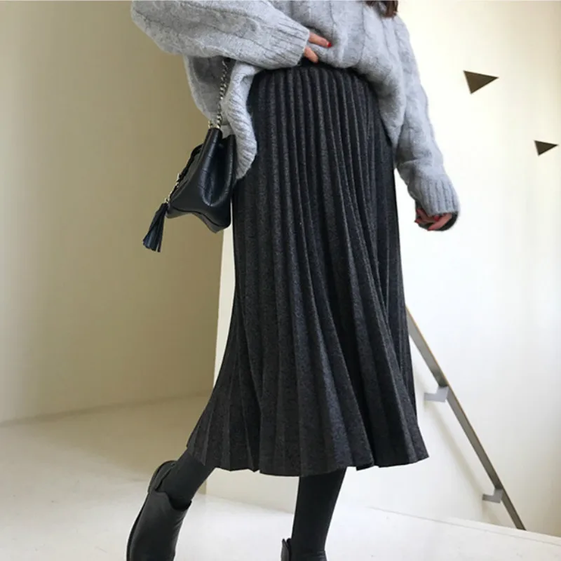 Женская юбка в складки свободные Chic корейский стиль Осень, Зима сплошной Для женщин s удобные простые универсальные Высокая талия на каждый день
