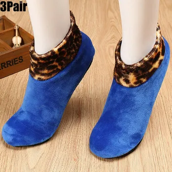 

3 Pair Winter Socks Women's Warm Leopard Plus Velvet Socks Thick Bed Non Slip Home Indoor Non-slip Thermal Socks