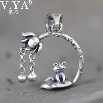 

V.YA 925 Sterling Silver Pendant Handmade Fine Jewelry Creative Element Lotus Leaf with Frog Design Pendant without Necklace