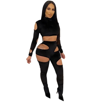 

Sexy Women Two Piece Set Long Sleeve Crop Top and Pants Set Women Party Night Hollow Out Slim Bodycon 2 Piece Set Club Outfits