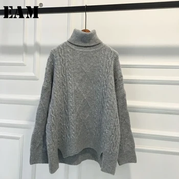 

[EAM] Irregular Big Size Knitting Sweater Loose Fit Turtleneck Long Sleeve Women Pullovers New Fashion Autumn Winter 2020 1W867