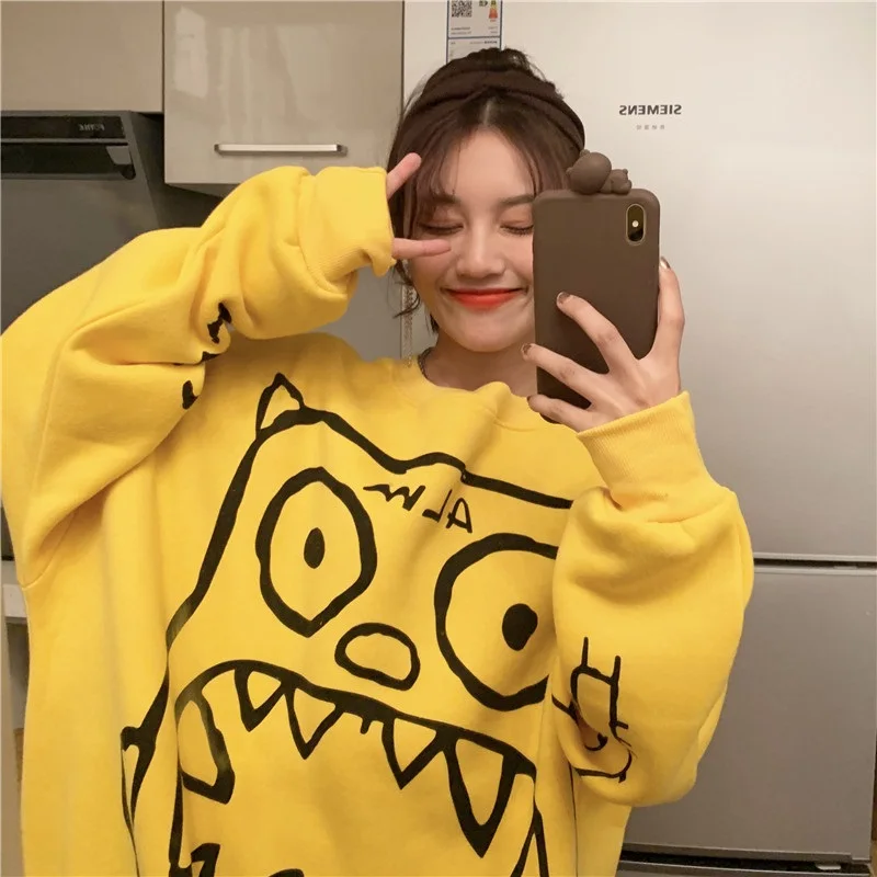 

My-Love Women Cute Printed Loose Hoodies O-Neck Soft Kawaii Daily Korean Style Simple Sweatshirt Womens Pullovers