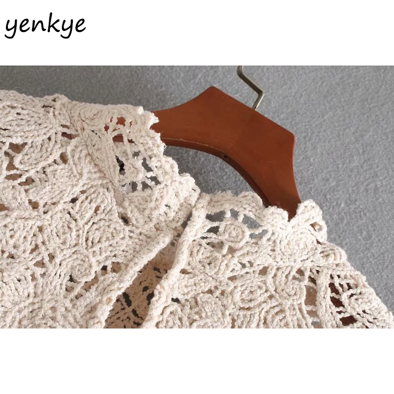 Сексуальная Ажурная вязанная крючком блузка для женщин с длинным рукавом и стоячим воротником уличная одежда размера плюс брендовые Блузы CCWM9434
