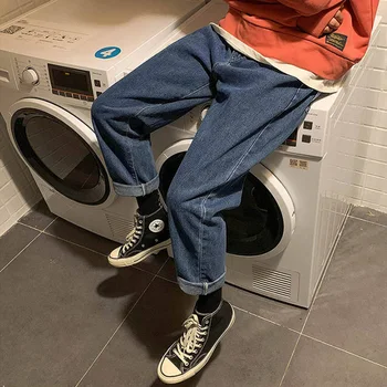 

2020 Korean Style Loose Straight Tube Velvet Jeans Women's High Waist Warm Wide Leg Pants Student Large Size Daddy Pants
