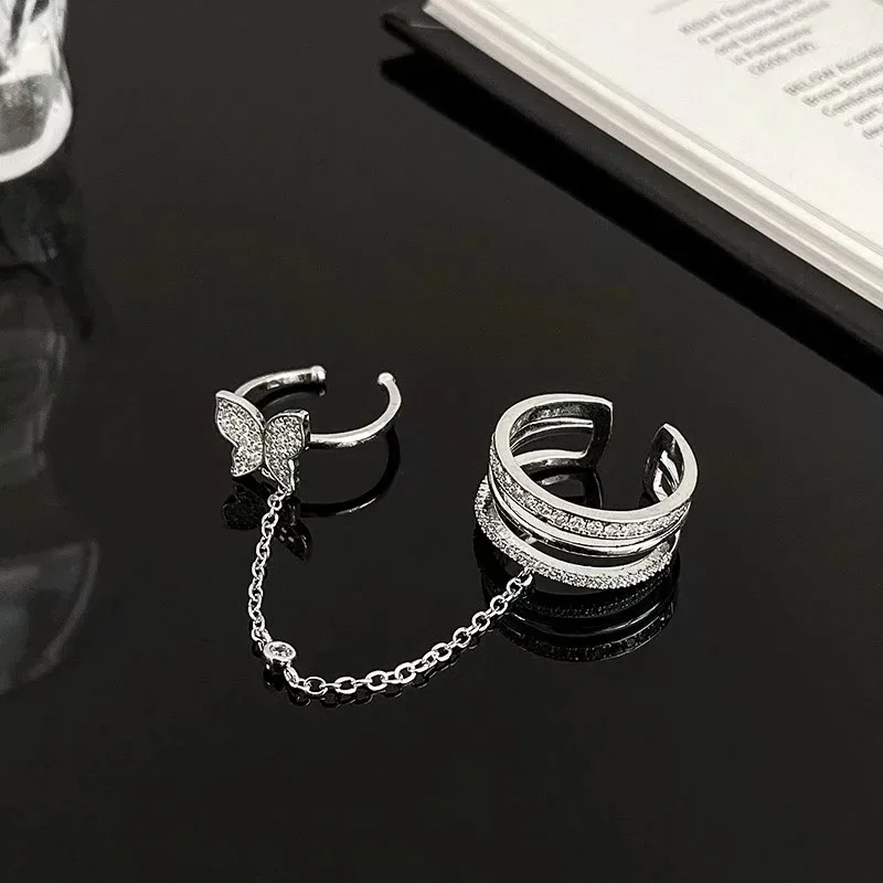 Women Double Finger Chain Rings Set Tassel Butterfly Cross Punk Jewelry Ring Set Chain Ring Finger Ring