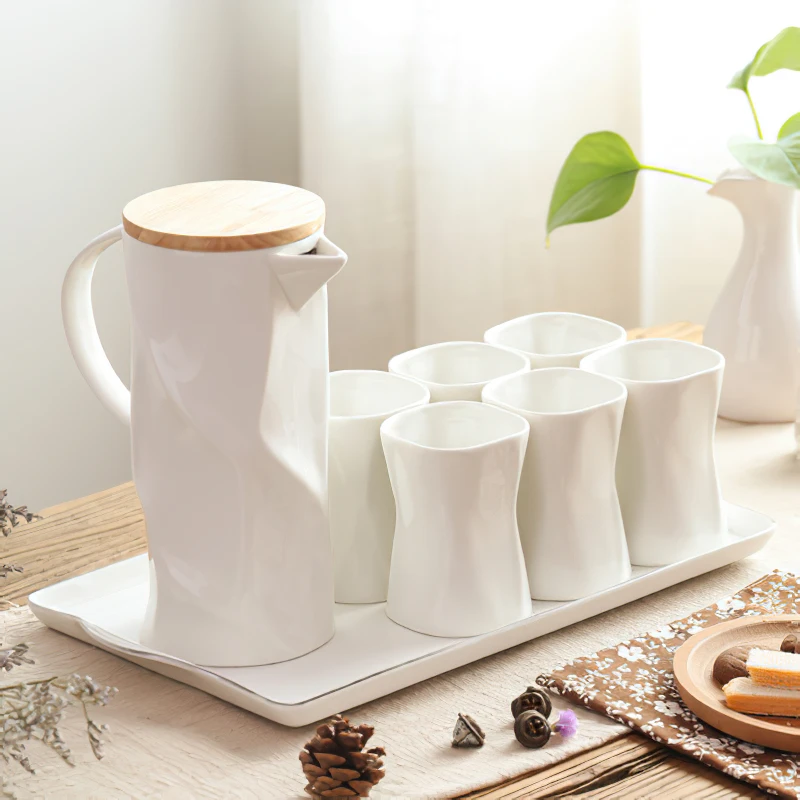 

Ceramic Coffee Tea Set Japanese White Creative Geometric Shapes Kettle Cup Tray Water Ware Home Bar Decoration Kitchen Supplies