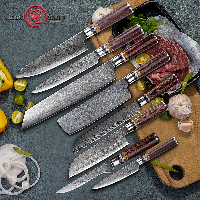 GRANDSHARP Damascus Knife Sets vg10 Japanese Steel Kitchen Slicing Knives Chef's Set Family Gift Cooking Tools | Дом и сад