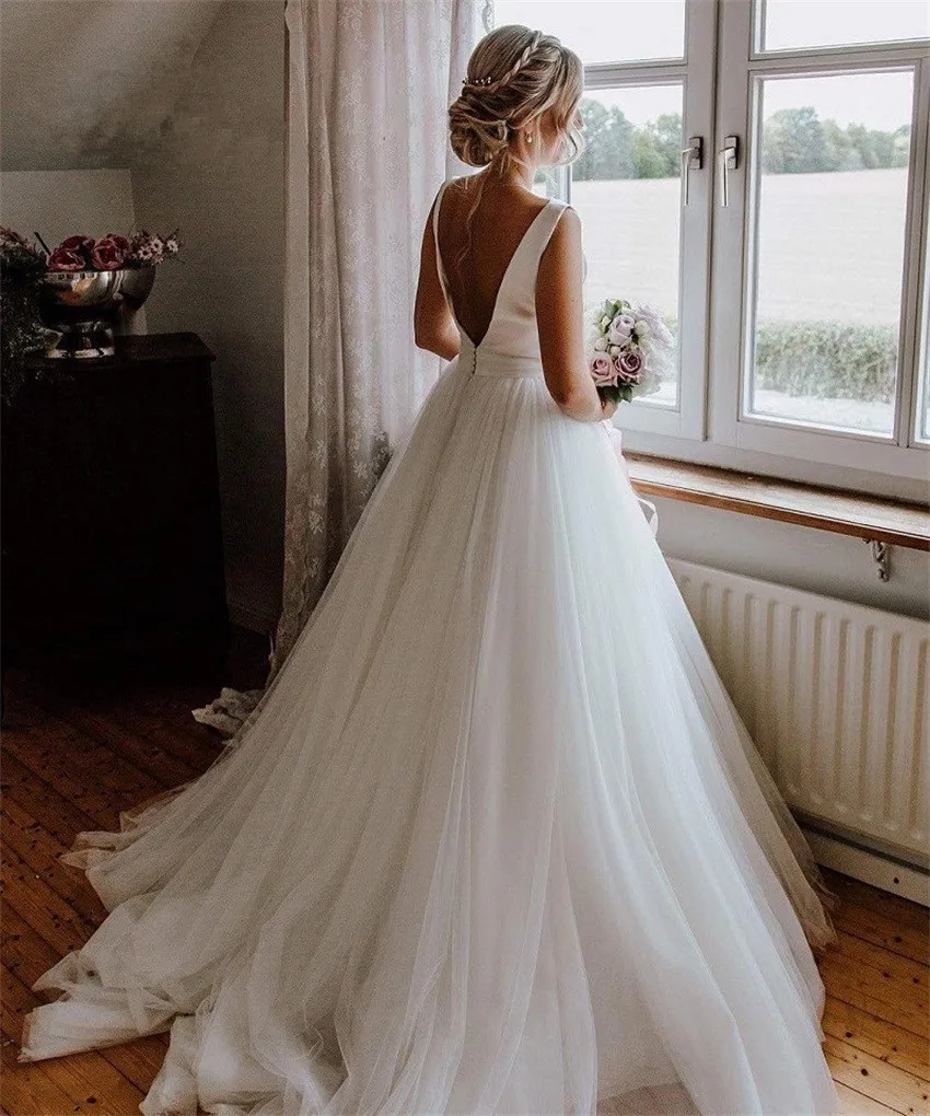 

Simple Wedding Dress New 2020 Bow-knot Design A Line Backless Sleevelees Bridal Gown White/Lvory Custom made size robe de soiree