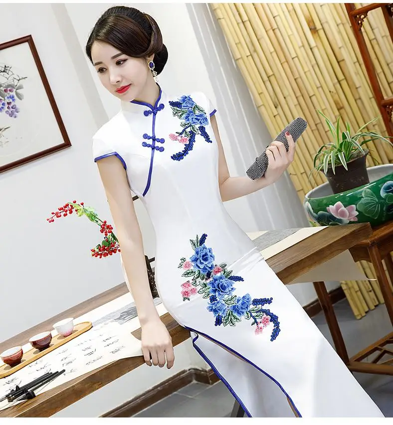 Белое Женское длинное платье Cheongsam с вышивкой, короткие рукава, вечерние платья, свадебное банкетное элегантное бальное роскошное бальное платье, Vestido XS-3XL