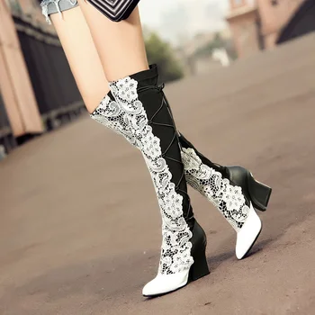

women's embroidery flower lace +cow leather square high heel wedge shoes woman breathable platform autumn winter knee high boots