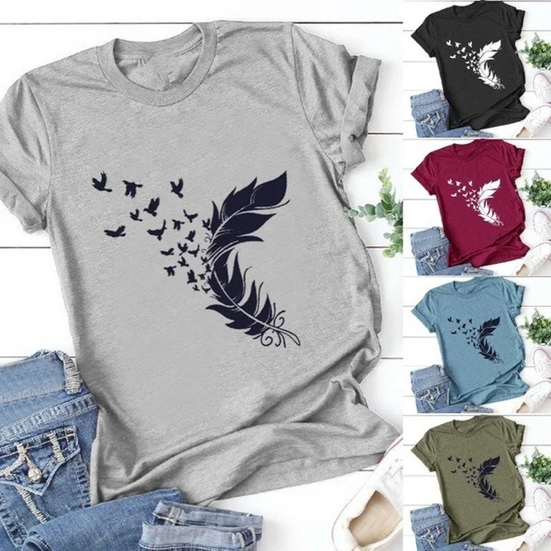 

Feather Butterfly Print T Shirt Women Short Sleeve O Neck Loose Tshirt Summer Women Tee Shirt Tops Camisetas Mujer