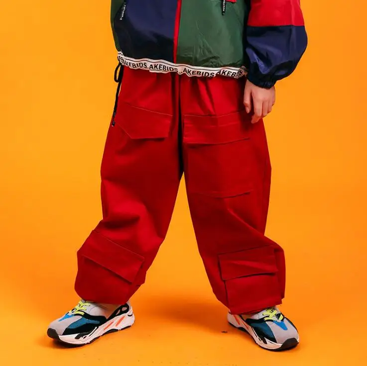 Детская крутая одежда в стиле хип-хоп куртка цвета, пальто Топ, повседневные штаны для бега для девочек и мальчиков, Джазовый танцевальный бальный костюм, одежда - Цвет: Красный