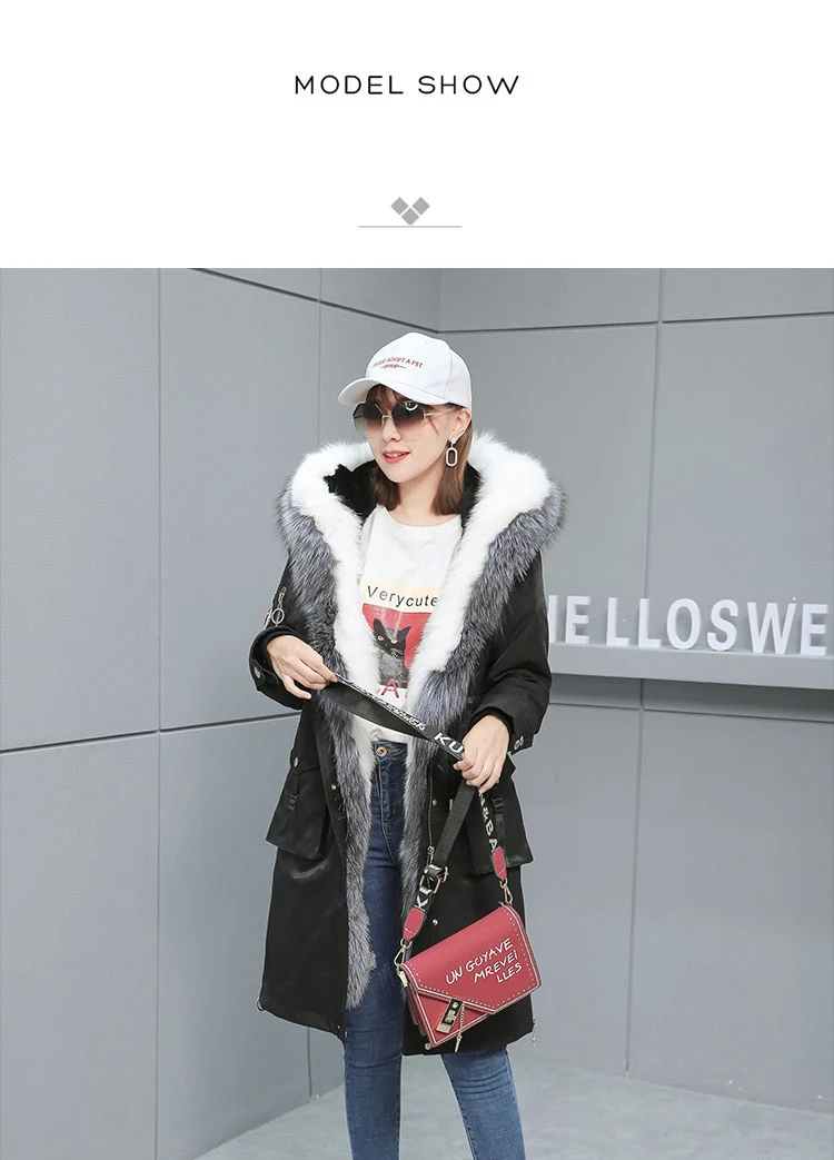 Fur Parkas Casual Real Fox Fur Collar Plus Size Thick Warm Rabbit Fur Lininig Long Coat Women Winter Black Safari Style Outwear