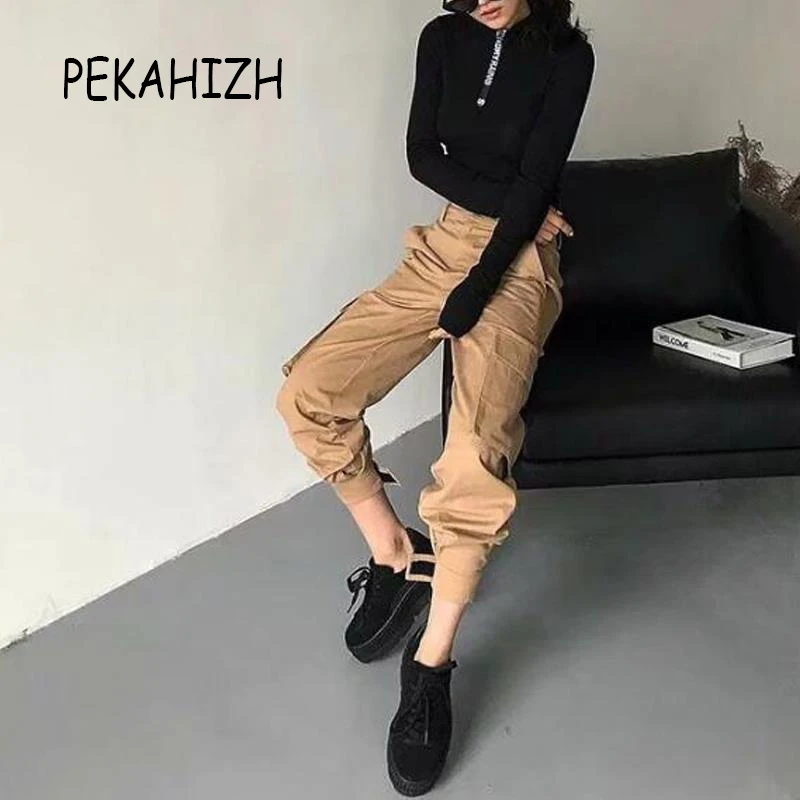 Высокая талия брюки Карманы Свободные джоггеры женские армейские шаровары