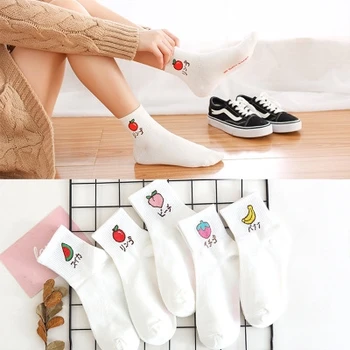 

1 Pair Fruits Ankle Socks Apple Embroidery Motifs Print White In Korean Style for Girls Dress Socks Japanese Harajuku Socks