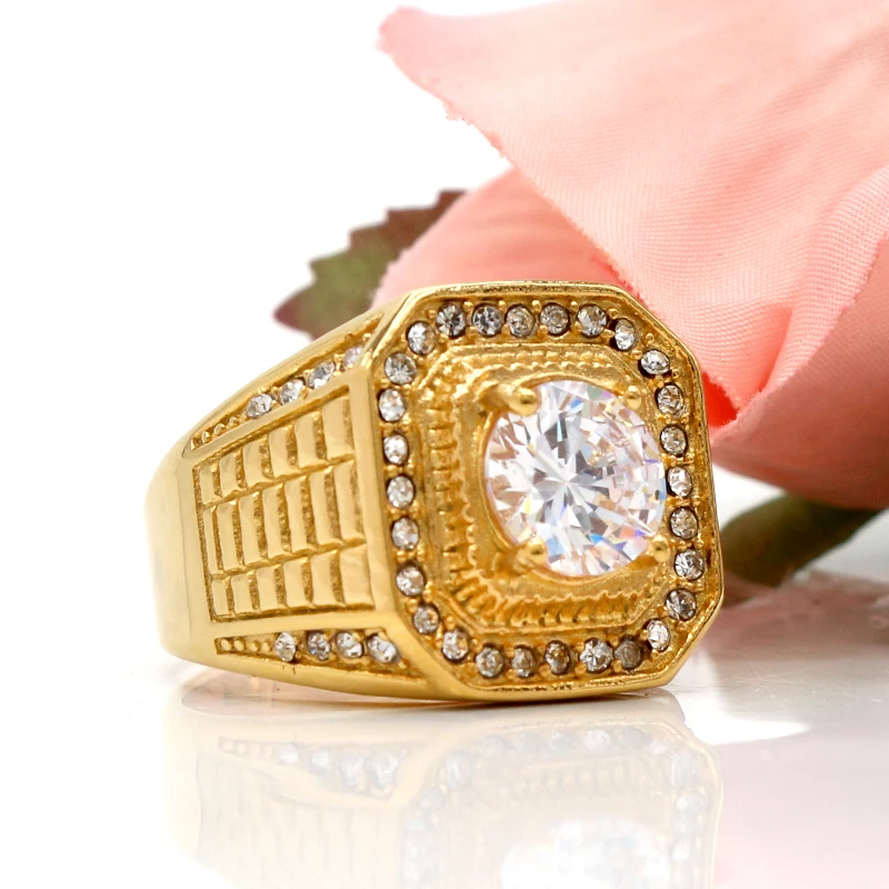 KLDY Male ring gold Engagement Wedding Band rings For men stainless steel quality Finger Jewelry Clear 5A zircon cz white stone