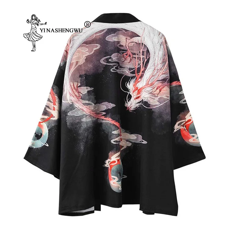 Japanese Kimono Men Yukata Women Japan Crane Print Kimono Cardigan Men Asia Sun protection Shirt Unisex Chinese Dragon Print Top