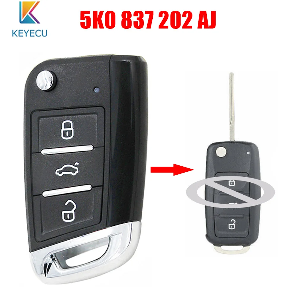 KEYECU Upgraded Remote Key for Volkswagen Caddy Polo Transporter Beetle Jetta Touran Golf 6 Tiguan Eos Sharan UP 5K0 837 202 AJ |