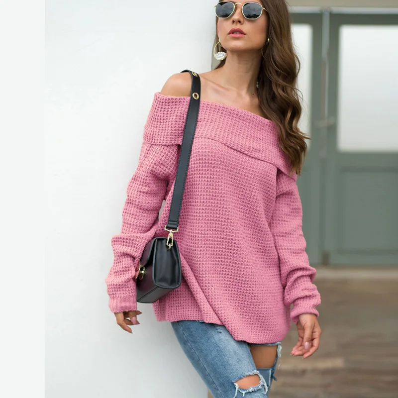 

2019 New Autumn Knitted Sweater Women Casual Loose Slash Neck Solid Pullovers Female Long Sleeve Off Shoulder Winter Clothes