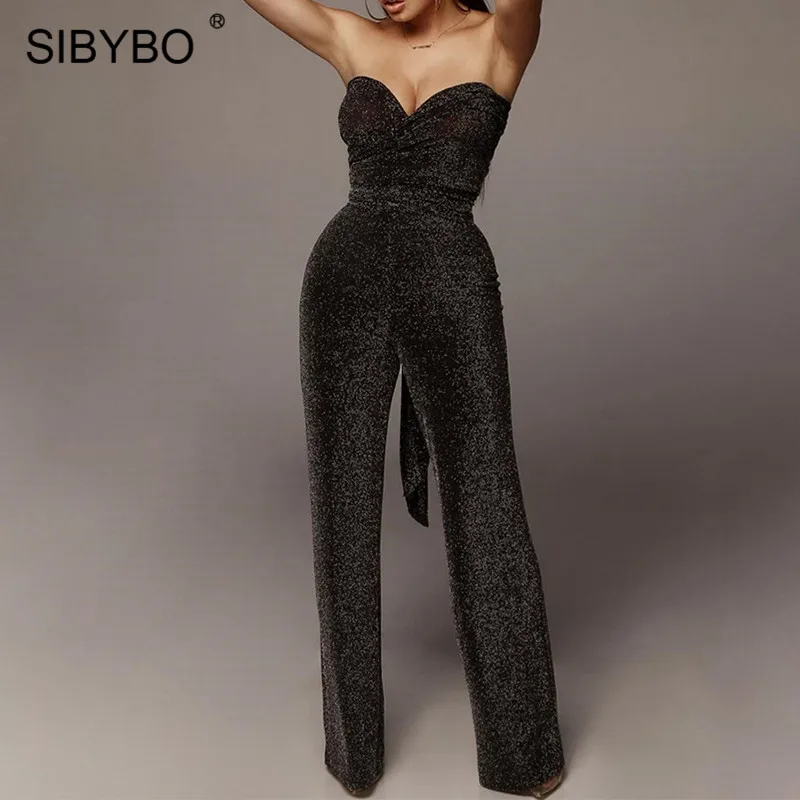 SIBYBO, блестящий, с открытыми плечами, сексуальный комплект из двух предметов, женский, перекрестный, бандаж, без бретелек, Женский Топ и штаны, набор, открытая спина, Повседневный, Женский комплект