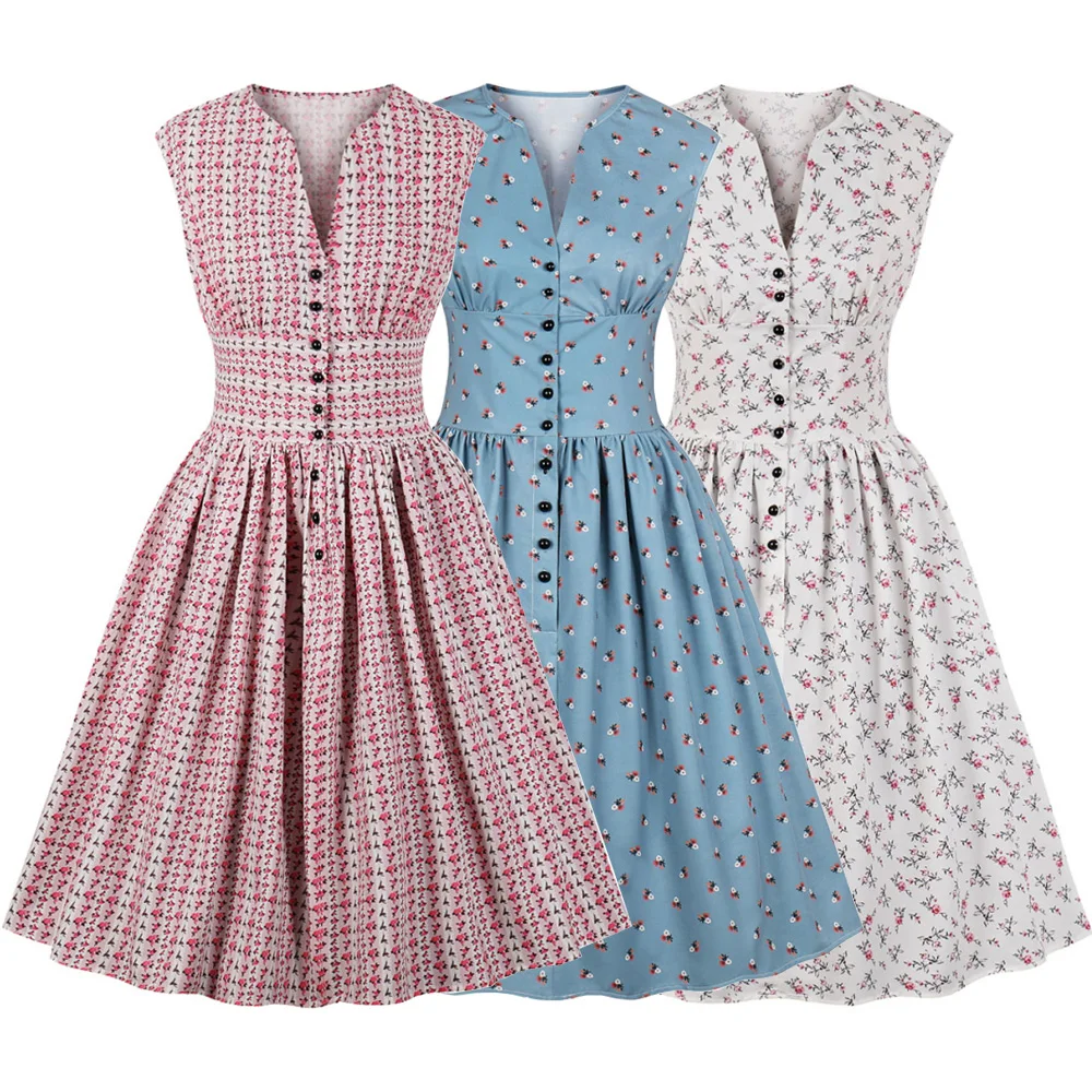 

Checkered Women Vintage Pinup Swing Dresses 50s 60s Floral Print Sexy V Neck Button Party Rockabilly Retro Plaid Dress Vestidos