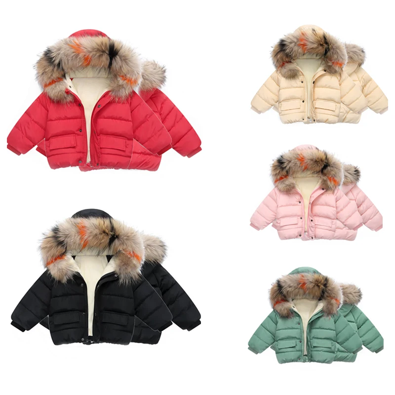 

Focusnorm 3-8 Years Toddler Baby Boy Girl Winter Cotton-padded Jacket Colored Wool Collar Hooded Warm Winter Coat