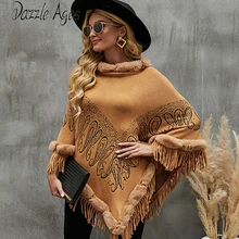 

Dazzle Ages Autumn Winter Women Knit Fur Collar Cape Shawls Wraps Fashion Casual Warm Vintage Print Ladie Solid Tassel Streetwea