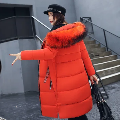 orange Модное пуховое пальто с буквенным принтом для женщин, зимнее плотное длинное теплое приталенное пуховое пальто с капюшоном, верхняя одежда на молнии с длинным рукавом для девушек, воротник из искусственного меха - Цвет: orange