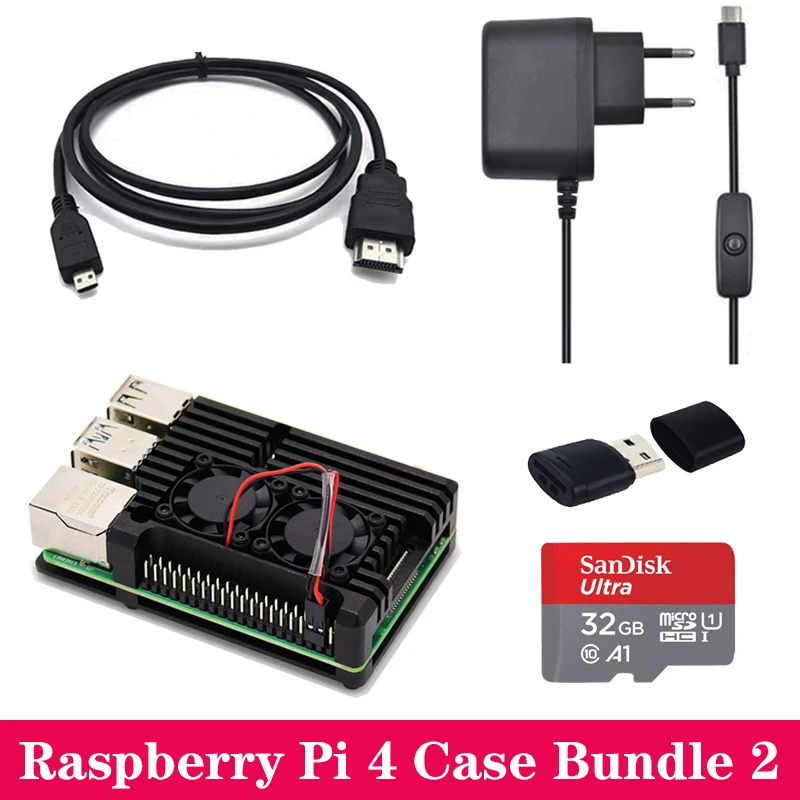 Raspberry Pi 4 Модель B чехол алюминиевый чехол коробка с двойным вентилятором корпус охлаждающая пластина адаптер питания мини HDMI к HDMI кабель - Цвет: Bundle 2