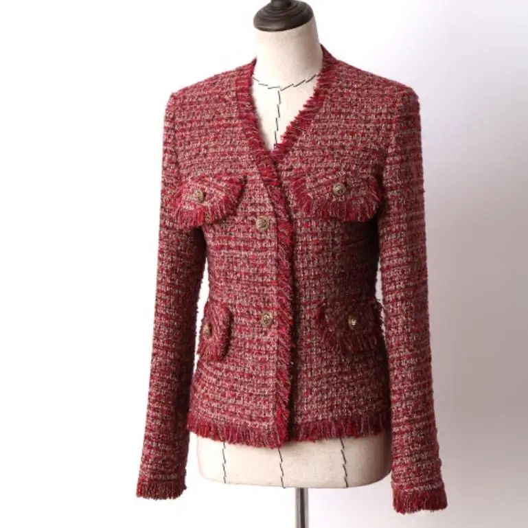 

Women Autumn Tweed Jacket Single Breasted V-NECK blazer Work Wool Coat Slim Elegant Lurex Fringed Tassel Tweed Overcoat