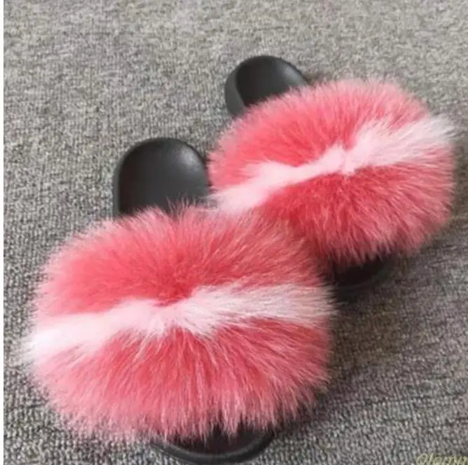 Real Raccoon Fur Slippers Women Sliders Casual Fox Hair Flat Fluffy Fashion Home Summer Big Size 45 Furry Flip Flops Shoes - Цвет: fox