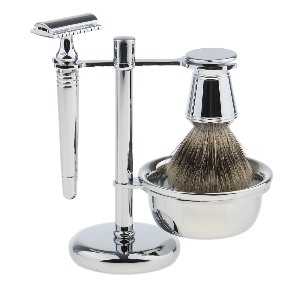 

Men's Safety Shaving Kit, Bristle Brush, Silver Brush Stand Holder, Razors with Bowl Mug - Silver