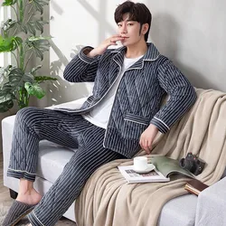 L-3XL Plus Size New Winter Thicken Warm Flannel Pajamas Sets For Men Long Sleeve Tops+Pants Male Sleepwear