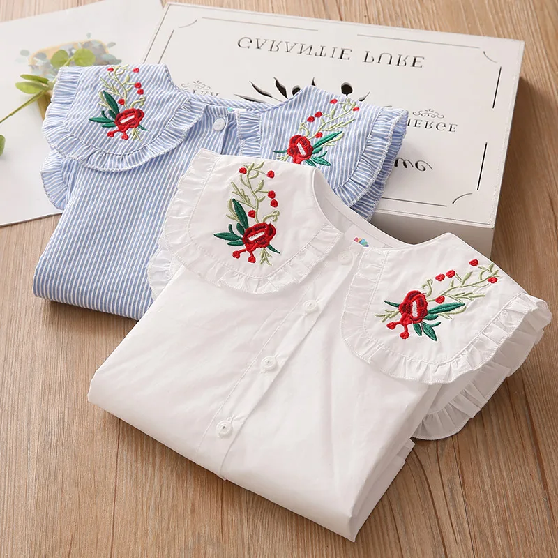 New Spring Autumn 2 3 4 6 8 10 Years Cotton White Blue Striped Embroidery Flower Flare Sleeve Kids Baby Girls Blouse Shirt