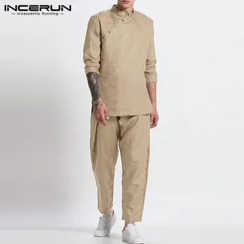 

Vintage Solid Color Suits INCERUN Men Leisure Muslim Sets Long Sleeve Stand Collar Blous Elastic Pants Suits Cotton 2 Pieces 5XL