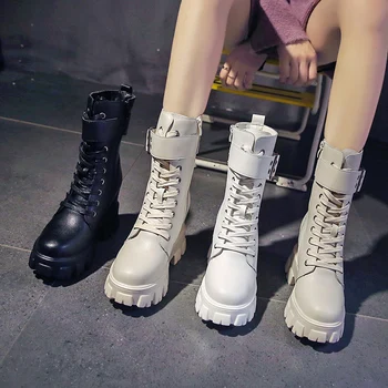 

New Combat Patent Leather Boots Women Lace Up Gothic Black Platform Leather Martin Ankle Boots Women Shoes Botas Mujer