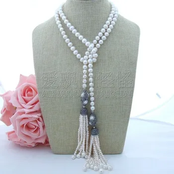 

N072501 42'' White Pearl Long Necklace CZ Connector