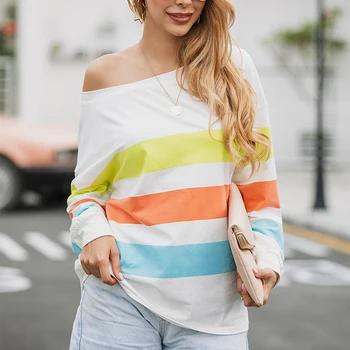 

2020 AW Casual Women Skew Collar T-shirts long Sleeve Fashion printed stripes Irregular Women Clothes Long fall Shirt Tops