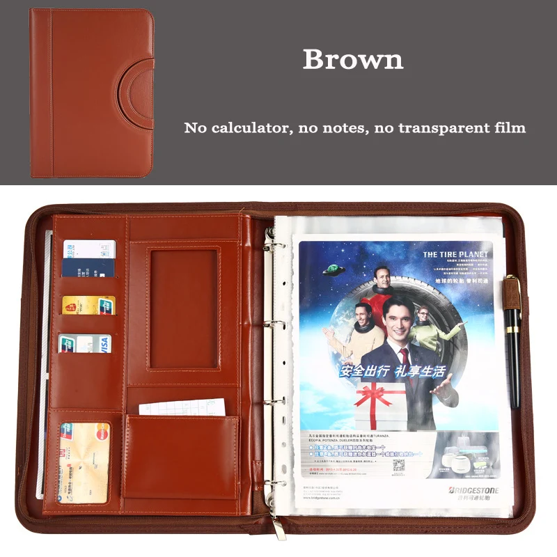 A4 Fichario папка для документов кольцо чехол для шкафа менеджер Padfolio бизнес Органайзер держатель на молнии офисный портфель сумка - Цвет: Brown
