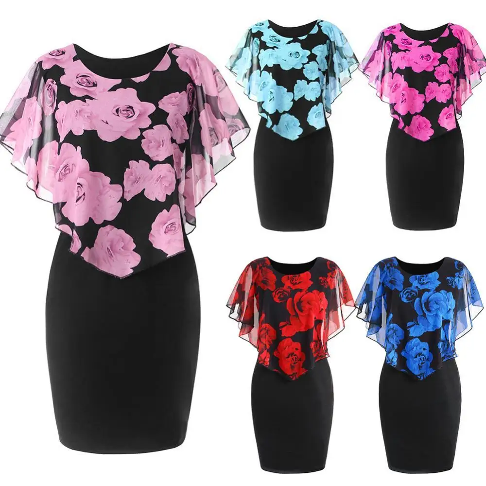 HOT SALES！！！New Arrival Plus Size Elegant Office Lady Rose Flower Print Cape Bodycon Knee Length Dress casual dresses Dresses
