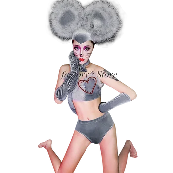 

Cute Mouse Suit Costumes Costume Club Dancing Costume Sexy Gray rhinestone Nude bodysuit