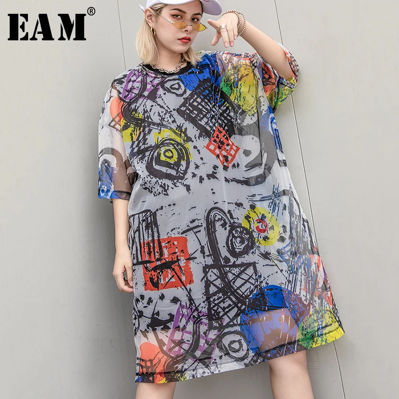 

[EAM] 2019 New Spring Summer Round Neck Three-quarter Sleeve Pattern Printed Loose Big Size Two Piece Dress Women Fashion JT181