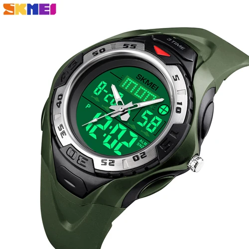 SKMEI Военные Спортивные кварцевые мужские часы на открытом воздухе 5 бар водонепроницаемые цифровые мужские часы 3 времени хронограф наручные часы Relogio Masculino - Цвет: Army Green watch