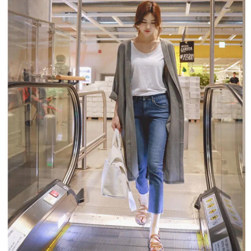 Женская Повседневная льняная одежда свободный тонкий кардиган выше колена в