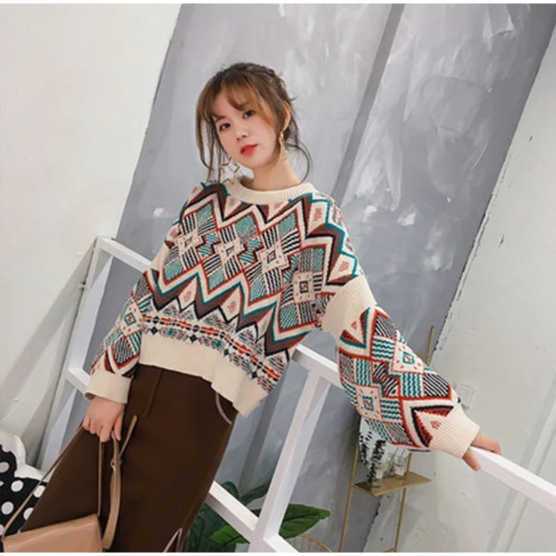 Винтажный этнический женский свитер, весна-осень, свободные вязаные свитера, пуловер с геометрическим принтом, Женские повседневные топы с круглым вырезом