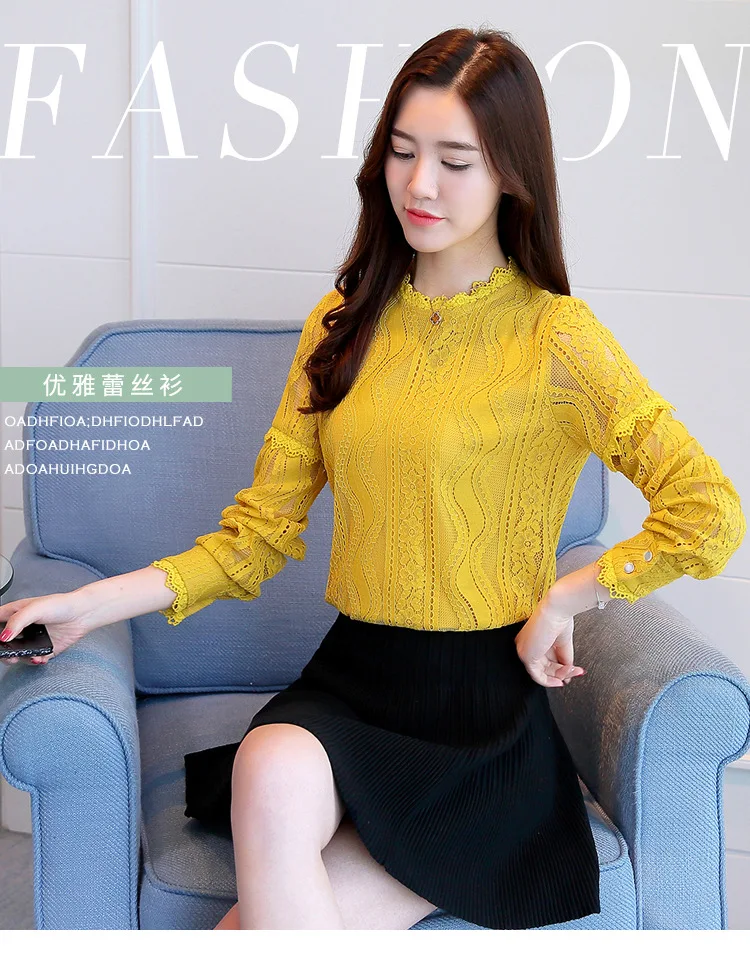 spring autumn Women Crochet Blouse Lace Chiffon Shirt White/Black Basic Shirt Ladies Stand Collar Ruffles Blusas Femininas
