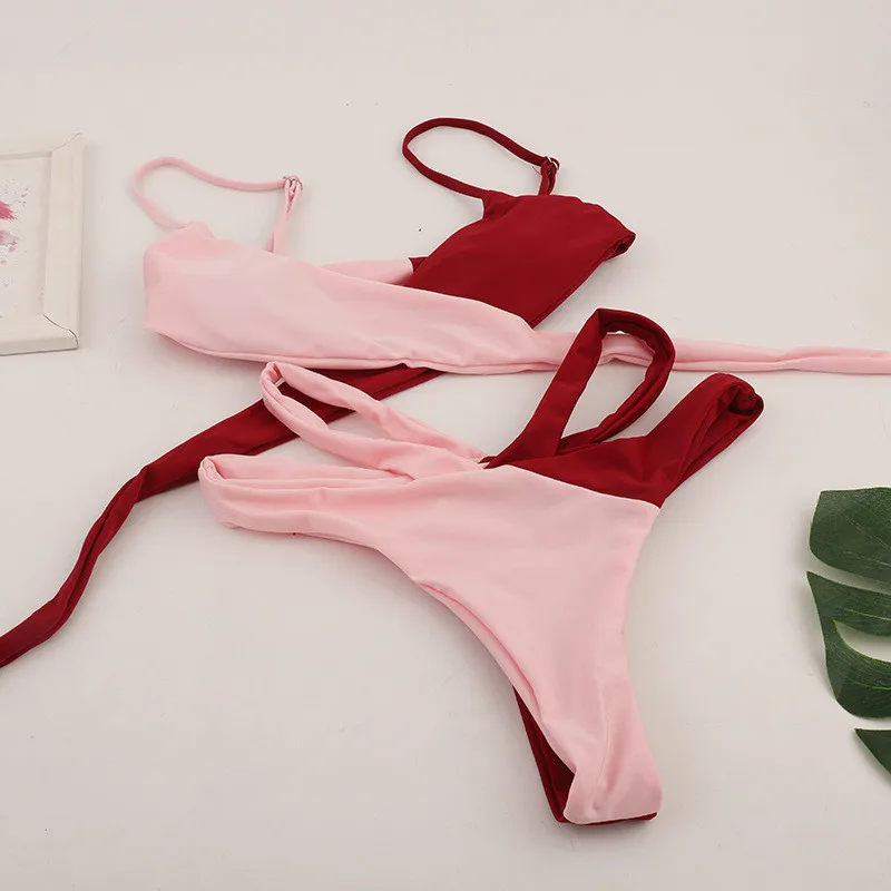 Leopard Stitching Bikinis Retro Thong Swimsuit Women Sexy Cross Strap Swimwear Beachwear Female Bathing Suit Tankinis 2020 Mujer