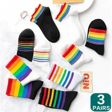 Pacote de 3 pares meias femininas meias arco íris meninas coreanas meias tornozelo médio e alto tubo natal moda meias de algodão respirável