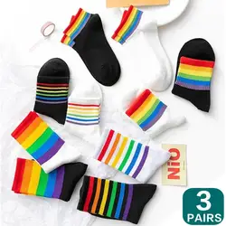 3 Pairs Pack Women's Socks Rainbow Socks Korean Girls Ankle Socks Middle And High Tube Christmas Fashion Socks Cotton Breathable